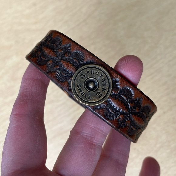 Handcrafted Tooled Leather Cuff Bracelet With Shotgun Shell Centerpiece - Picture 11 of 14